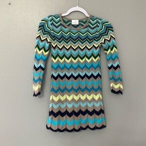 Hanna Andersson Blue Yellow Chevron Knit Long Sleeve Dress 120 (us size 6-7)